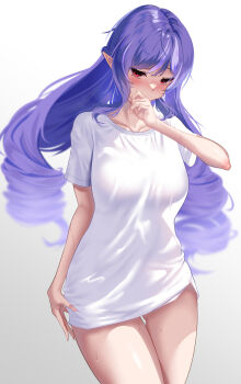 1girl ahoge alternate_costume blurry blurry_background blush breasts collarbone commentary_request covering_own_mouth cowboy_shot drill_hair fingernails gluteal_fold grey_background hand_up highres kyo32181 long_hair long_shirt looking_to_the_side medium_breasts mole mole_under_eye pointy_ears purple_hair red_eyes shirt solo sweat vivian_banshee wet white_shirt zenless_zone_zero