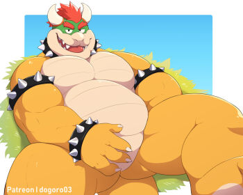 Rule 34 | 1boy, armlet, bara, bare pectorals, belly, biceps, bowser, bracelet, claws, collar, commentary, dogoronumber3, english commentary, fangs, fat, fat man, furry, furry male, horns, jewelry, looking at viewer, male focus, mario (series), nintendo, open mouth, patreon username, pectorals, red hair, sitting, smile, spiked armlet, spiked bracelet, spiked collar, spikes