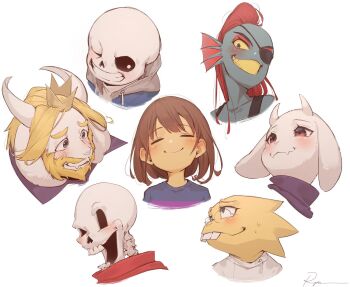 1other 3boys 3girls alphys androgynous animal_ears asgore_dreemurr beard black_tank_top blonde_hair blue_hoodie blue_shirt blue_skin brown_hair closed_eyes closed_mouth colored_sclera colored_skin colored_teeth crown drawstring eyepatch facial_hair fangs fins fish_girl frisk_(undertale) furry furry_female glasses goat_ears goat_girl grey_eyes grin head_tilt highres hood hood_down hoodie horns long_hair looking_at_viewer mini_crown multiple_boys multiple_girls one_eye_closed open_mouth papyrus_(undertale) ponytail portrait red_eyes red_hair red_scarf ryota_(ry_o_ta) sans_(undertale) scarf shirt short_hair signature simple_background skeleton smile tank_top toriel undertale undyne utdr_(toby_fox) white_background white_shirt yellow_sclera yellow_teeth
