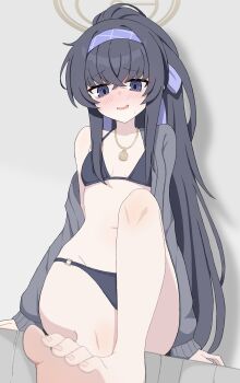 Rule 34 | 1girl, applique (appu lique), barefoot, black bra, black hair, black panties, blue archive, blue eyes, blush, bra, dutch angle, hairband, halo, highres, jewelry, long hair, looking at viewer, necklace, open mouth, panties, ponytail, simple background, smile, solo, ui (blue archive), ui (swimsuit) (blue archive), underwear