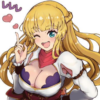Rule 34 | 1girl, ;d, aqua eyes, arm behind back, armpit cutout, blonde hair, bra, bra peek, braid, breasts, cleavage, cleavage cutout, clothing cutout, commentary request, dress, half up braid, hand up, heart, index finger raised, large breasts, long hair, long sleeves, looking at viewer, one eye closed, open mouth, purple bra, red scarf, reiwa rerere, rit (shin no nakama), scarf, shin no nakama janai to yuusha no party wo oidasareta no de henkyou de slow life suru koto ni shimashita, simple background, smile, solo, teeth, underwear, upper teeth only, white background, white dress