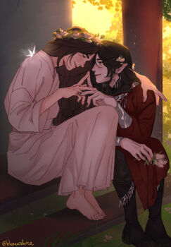 Rule 34 | 2boys, architecture, arm around shoulder, backlighting, barefoot, black boots, black hair, black nails, black pants, bleuarbre, blush, boots, bracelet, brown hair, bug, butterfly, butterfly on shoulder, chinese clothes, choppy bangs, closed eyes, closed mouth, commentary, couple, crack, cracked wall, earrings, east asian architecture, evening, eyelashes, eyeshadow, face-to-face, facing another, fingernails, flower, forehead-to-forehead, forest, from side, full body, glowing, glowing butterfly, grass, hair behind ear, hair over shoulder, hand on another's shoulder, hand on own leg, hand rest, hand up, hanfu, happy, head tilt, head wreath, heads together, highres, holding, holding flower, hoop earrings, hua cheng, insect, jewelry, knee boots, knees up, legs together, light blush, light particles, long sleeves, looking at another, makeup, male focus, multiple boys, nature, necklace, nose blush, outdoors, pale skin, pants, pants tucked in, parted bangs, parted lips, pillar, pink flower, pointy ears, profile, puffy lips, puffy long sleeves, puffy sleeves, red eyeshadow, red hanfu, shrine, side-by-side, side slit, silver bracelet, silver earrings, silver necklace, simple flower, sitting, sitting on stairs, smile, stairs, steepled fingers, sunlight, symbol-only commentary, thick eyebrows, tianguan cifu, toenails, twitter username, white butterfly, white hanfu, wide sleeves, xie lian, yaoi