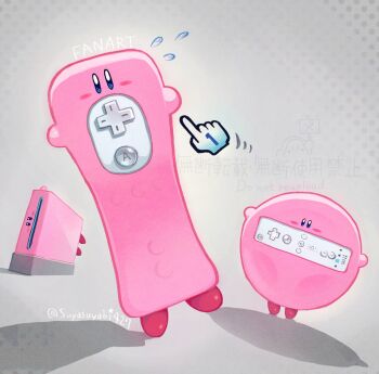 blue_eyes blush_stickers controller cursor flying_sweatdrops game_console game_controller grey_background kirby kirby_(series) kirby_and_the_forgotten_land mouthful_mode nintendo no_humans simple_background suyasuyabi twitter_username watermark wii wii_remote