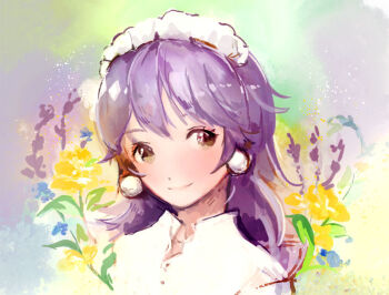 Rule 34 | 1girl, brown eyes, closed mouth, colorful background, commentary request, earrings, flower, gobaku no hito, jewelry, long hair, looking at viewer, maid headdress, pavianne (ragnarok online), portrait, purple hair, ragnarok masters, ragnarok online, shirt, smile, solo, sphere earrings, white shirt, yellow flower