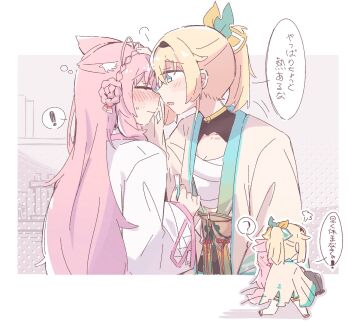 Rule 34 | !, 2girls, animal ears, blonde hair, blue eyes, blush, closed eyes, closed mouth, commentary, hakui koyori, hand on another's face, hateyo, highres, hololive, jacket, kazama iroha, long hair, multiple girls, open mouth, pink hair, ponytail, sarashi, speech bubble, spoken exclamation mark, symbol-only commentary, translation request, virtual youtuber, white jacket, wolf ears, yellow jacket, yuri