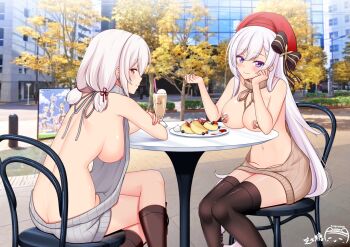 2girls arm_rest ass autumn azur_lane backwards_virgin_killer_sweater bandaid bandaids_on_nipples bare_shoulders belfast_(azur_lane) belfast_(shopping_with_the_head_maid)_(azur_lane) beret black_legwear blush boots breasts brown_footwear brown_sweater bubble_tea building butt_crack cameo chair collarbone covered_erect_nipples crossed_legs day drinking_straw earrings exhibitionism food fruit grey_sweater hair_between_eyes hand_on_own_cheek hand_on_own_face hat hoop_earrings jewelry knee_boots large_breasts long_hair looking_at_viewer multiple_girls nipples nude outdoors pasties photo_background ppshex public_indecency red_headwear short_hair sidelocks sirius_(azur_lane) sitting smile strawberry sweater table thighhighs virgin_killer_sweater whipped_cream white_hair