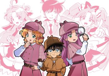 Rule 34 | 1boy, 2girls, akechi anna, belt, brown hair, capelet, commentary request, crossover, cure answer, cure mystique, deerstalker, detective, edogawa conan, glasses, hat, highres, kkkrrrand, kobayashi mikuru, korean commentary, kudou shin'ichi, looking at viewer, magical girl, magnifying glass, meitantei conan, meitantei precure!, multiple girls, orange hair, pink hair, precure, smile, trait connection