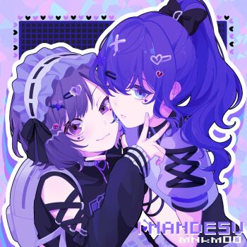 2girls arm_ribbon artist_name asahina_mafuyu backpack bag bare_shoulders belt belt_buckle belt_collar black_background black_bow black_ribbon black_shirt blue_eyes bob_cut border bow buckle closed_mouth clothing_cutout collar commentary crop_top cross-laced_clothes cross-laced_sleeves english_commentary expressionless eyelashes facial_tattoo finger_to_another&#039;s_cheek frilled_hairband frills grid_background hair_bow hair_ornament hairband hairclip half-closed_eye happy heads_together heart heart_border heart_hair_ornament heart_o-ring heart_tattoo high_ponytail highres lips lolita_hairband long_hair long_sleeves looking_at_viewer multiple_girls nail_polish o-ring one_eye_closed outline outside_border ponytail project_sekai puffy_long_sleeves puffy_sleeves purple_bag purple_belt purple_border purple_eyes purple_hair purple_nails purple_theme reean ribbon ribbon-trimmed_hairband shinonome_ena shirt short_hair short_sleeves shoulder_cutout sleeves_past_wrists smile tattoo turtleneck turtleneck_shirt upper_body v wavy_hair white_hairband white_outline white_shirt x_hair_ornament