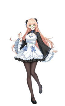 1girl :o absurdres black-framed_eyewear black_nails black_pantyhose black_shoes black_shrug blue_bow bow braid breasts bun_cover cleavage clenched_hand closers collared_shrug crop_top double_bun full_body glasses green_eyes hair_bow hair_bun hand_up high-waist_skirt high_heels highres large_breasts layered_skirt leg_up light_blush long_hair looking_at_viewer mandarin_collar mary_janes midriff_peek miniskirt official_art orange_hair pantyhose round_eyewear shirt shoes shrug_(clothing) side_braid skirt skirt_bow sleeves_past_wrists solo soma_(closers) standing standing_on_one_leg tachi-e teardrop-framed_glasses white_background white_shirt wide_sleeves