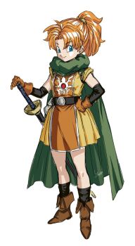 1girl belt blonde_hair blue_eyes boots brown_gloves cape closed_mouth dragon_quest dragon_quest_ii dress full_body gloves green_cape looking_at_viewer ponytail princess_of_samantoria simple_background skirt smile solo sword toriyama_akira_(style) weapon white_background yapo_(croquis_side)