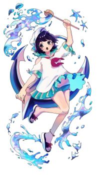 168namu3 1girl :o absurdres anchor artist_name black_hair bow clothing_cutout commentary_request full_body green_eyes hat hat_bow highres hishaku holding holding_ladle ladle murasa_minamitsu neckerchief open_mouth red_neckerchief sandals shirt short_hair short_sleeves shorts shoulder_cutout simple_background solo touhou water white_background white_hat white_shirt white_shorts