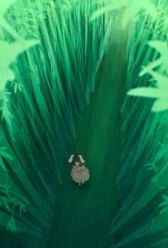 1girl animal_ears bamboo bamboo_forest barefoot black_hair bo_cota carrot_necklace closed_mouth commentary dress expressionless floppy_ears forest from_above full_body hair_between_eyes highres inaba_tewi jewelry nature necklace path pink_dress puffy_short_sleeves puffy_sleeves rabbit_ears rabbit_girl ribbon-trimmed_dress ribbon_trim road scenery short_hair short_sleeves solo touhou walking