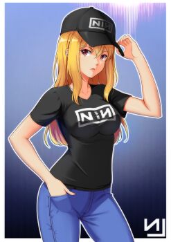 1girl band_shirt baseball_cap black_hat black_shirt blonde_hair blue_background denim expressionless eyeshadow ganmu_guo_zi_jiang gradient_background hair_between_eyes hand_in_pocket hat highres jeans lips logo long_hair looking_at_viewer makeup merchandise nine_inch_nails original pants red_eyes shirt short_sleeves t-shirt