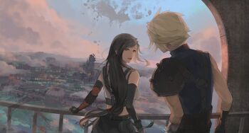 1boy 1girl armor bare_shoulders black_gloves black_hair black_skirt blonde_hair breasts city cityscape cloud cloud_strife cloudy_sky commentary_request crop_top elbow_gloves final_fantasy final_fantasy_vii final_fantasy_vii_remake from_behind gloves highres large_breasts long_hair looking_at_another looking_back outdoors parted_lips railing red_eyes shillo short_hair shoulder_armor single_arm_guard skirt sky sleeveless sleeveless_turtleneck spiked_hair suspenders sweater tank_top tifa_lockhart turtleneck turtleneck_sweater upper_body white_tank_top