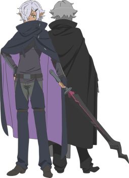 2boys anime_coloring arm_armor back belt black_cloak black_gloves brown_belt cloak collared_shirt dark-skinned_male dark_elf dark_skin dress_shoes dungeon_ni_deai_wo_motomeru_no_wa_machigatteiru_darou_ka elf fingerless_gloves flipped_hair full_body gloves grey_hair grey_pants hair_ornament hair_over_one_eye hairclip hand_on_own_hip hegni_ragnar high_collar holding holding_sword holding_weapon kimoto_shigeki looking_at_viewer monochrome multiple_boys multiple_views official_art pants pointy_ears purple_cloak shirt simple_background standing sword thigh_belt thigh_strap transparent_background two-sided_cloak two-sided_fabric two-tone_cloak v-shaped_eyebrows weapon yellow_eyes