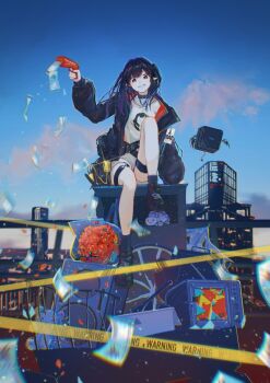 1girl ankle_socks arknights arm_support arm_up banknote bare_legs belt belt_collar black_belt black_jacket black_shoes black_socks blush bouquet building caution_tape cityscape closure_(arknights) collar commentary_request dusk floating floating_object flower full_body hair_between_eyes holding_toy_gun id_card jacket knee_up lambda_(arknights) long_hair long_sleeves looking_at_viewer money multiple_belts open_clothes open_jacket partial_commentary pointy_ears puffy_long_sleeves puffy_sleeves qingnianzi red_eyes red_flower red_rose rose shirt shoes short_shorts shorts sidelocks sitting skyscraper smile sneakers socks solo speaker teeth television thigh_strap two_side_up white_shirt white_shorts