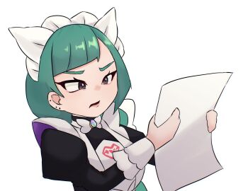 1girl 517pomme apron blunt_bangs bow bowtie braid braided_ponytail breasts commentary_request green_hair half-closed_eyes highres holding holding_paper juliet_sleeves lebanne_(pokemon) long_hair long_sleeves maid maid_apron maid_headdress medium_breasts mega_stone meme nintendo paper pink_lips pokemon pokemon_legends:_z-a puffy_sleeves solo tsurime upper_body v-shaped_eyebrows white_bow white_bowtie winnie_the_pooh_reading_(meme)