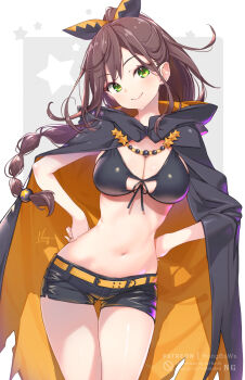 1girl belt bikini bikini_top_only black_bikini black_cape black_shorts breasts brown_hair cape commentary front-tie_bikini_top front-tie_top green_eyes hands_on_own_hips highres hong_(white_spider) large_breasts long_hair looking_at_viewer navel orange_belt orange_cape re:zero_kara_hajimeru_isekai_seikatsu shaula_(re:zero) short_shorts shorts smile solo stomach swimsuit two-tone_cape
