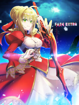 1girl aestus_estus ahoge ayamix1020 blonde_hair braid braided_base breasts bun_with_braided_base commentary_request copyright_name dress fate/extra fate_(series) green_eyes hair_bun hair_intakes hair_ribbon highres holding holding_weapon nero_claudius_(fate) partial_commentary red_dress ribbon single_hair_bun solo weapon