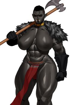 1girl abs absurdres arm_tattoo axe black_gloves black_hair black_sclera black_skin breasts colored_sclera colored_skin earrings face_piercing female_orc gloves highres holding holding_axe huge_breasts jewelry large_areolae loincloth looking_at_viewer muscular muscular_female nipples nose_piercing nose_ring orc original over_shoulder piercing pointy_ears red_eyes red_loincloth simple_background solo sotcho tattoo tusks weapon weapon_over_shoulder white_background