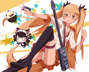 1boy 2girls :o animal_ears arisugawa_maple bald black_boots black_hair black_thighhighs blonde_hair blush boots bow breasts cat_ears cat_girl cat_tail chibi chibikemo clenched_hand colored_skin commentary contrast_collar curly_hair cyan_(myumon)_(show_by_rock!!) cyan_(show_by_rock!!) dog_tail dutch_angle facial_hair frilled_thigh_strap furry furry_female glasses guitar hair_ribbon hairband high_heels holding instrument knee_up lace lolita_fashion lolita_hairband long_hair loose_necktie miniskirt multiple_girls mustache neckerchief necktie no_pupils o_o open_mouth orange_skirt outstretched_arm panties pantyshot pleated_skirt red_neckerchief retoree_(show_by_rock!!) revision ribbon school_uniform serafuku shirt show_by_rock!! size_difference skirt sleeve_cuffs small_breasts star_(symbol) strap sweatdrop tail thigh_boots thigh_strap thighhighs twintails underwear v-shaped_eyebrows very_long_hair white_panties white_shirt white_skin yellow_eyes yukitake_(bullfalk)
