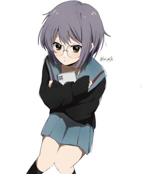 1girl absurdres artist_name black_cardigan black_socks blue_sailor_collar blue_skirt book brown_eyes cardigan from_above glasses highres holding holding_book hugging_book hugging_object invisible_chair kiri_pafe kita_high_school_uniform kneehighs long_sleeves nagato_yuki purple_hair sailor_collar school_uniform serafuku short_hair simple_background sitting skirt socks solo suzumiya_haruhi_no_shoushitsu suzumiya_haruhi_no_yuuutsu thighs twitter_username watermark white_background winter_uniform