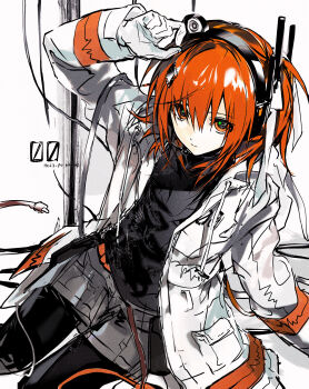 1girl a.i._voice absurdres adachi_rei arm_up black_pantyhose black_shirt cable chinese_commentary closed_mouth commentary_request expressionless gloves grey_skirt hair_between_eyes hair_ribbon hanaseto headlamp highres jacket long_sleeves looking_at_viewer medium_hair one_side_up open_clothes open_jacket orange_eyes orange_hair pantyhose partially_colored radio_antenna ribbon shirt simple_background sitting skirt solo utau white_background white_gloves white_jacket white_ribbon