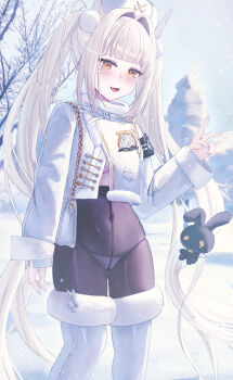 1girl absurdres black_pantyhose black_rabbit_(animal) blanc_(fortune_express)_(nikke) blanc_(nikke) boots breasts coat commentary_request covered_navel goddess_of_victory:_nikke hat highres just_tume long_hair looking_at_viewer medium_breasts official_alternate_costume official_alternate_hairstyle panties panties_under_pantyhose pantyhose rabbit snowing solo twintails underwear very_long_hair white_boots white_coat white_hair white_hat white_panties winter winter_clothes winter_coat yellow_eyes