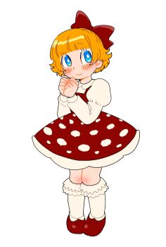 1girl blonde_hair blue_eyes bow commentary_request dress fly_agaric full_body hair_bow highres hikagami_(june_lotus) juliet_sleeves kneehighs long_sleeves looking_at_viewer mushroom original pigeon-toed puffy_sleeves red_bow red_dress short_dress short_hair simple_background socks solo standing white_background