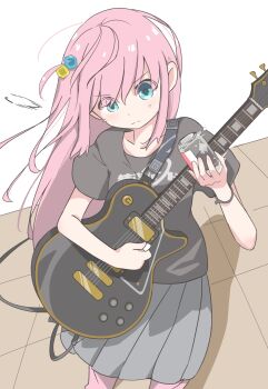 1girl black_shirt bocchi_the_rock! commentary_request cube_hair_ornament electric_guitar gibson_les_paul gotoh_hitori grey_skirt guitar hair_ornament highres holding holding_guitar holding_instrument holding_plectrum instrument kureijii_saiko long_hair music one_side_up pants pants_under_skirt pink_hair pink_pants playing_instrument pleated_skirt plectrum shirt short_sleeves skirt solo sweatpants t-shirt track_pants