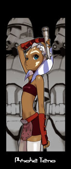 1girl 2boys :o abe_jun ahsoka_tano alien arm_up armor bad_id bad_pixiv_id bare_shoulders blue_eyes breasts character_name clenched_hand clone clone_trooper clone_wars crop_top dark-skinned_female dark_skin elbow_gloves energy_sword facial_mark fingerless_gloves flat_chest forehead_mark framed full_armor gloves halterneck helmet holding jedi lightsaber loincloth loli long_image looking_at_viewer looking_back midriff miniskirt multiple_boys narrow_waist navel open_mouth science_fiction skirt small_breasts squinting standing star_wars star_wars:_the_clone_wars_(2008_tv_series) striped sword tall_image tattoo tentacle_hair thighhighs togruta turtleneck uneven_eyes vambraces visor weapon white_thighhighs zettai_ryouiki