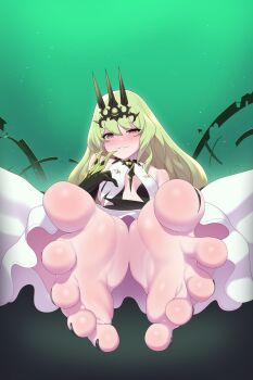 1girl barefoot blush feet foot_focus foot_play foot_pussy green_hair grin highres honkai_(series) honkai_impact_3rd long_hair looking_at_viewer maidforge mobius_(honkai_impact) nail_polish smile soles solo spread_toes toenail_polish toenails toes