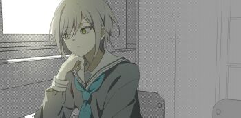 1girl 2eung_2 blue_neckerchief chair classroom closed_mouth closet desk expressionless green_eyes grey_hair grey_shirt hair_between_eyes hand_on_own_chin hashtag-only_commentary head_rest highres hinomori_shiho indoors long_sleeves looking_to_the_side neckerchief on_chair project_sekai sailor_collar school_chair school_desk school_uniform serafuku shirt short_hair sidelighting sidelocks sideways_glance sitting sleeve_cuffs solo upper_body white_sailor_collar window