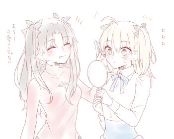 Rule 34 | 2girls, ahoge, alternate hairstyle, artoria pendragon (fate), black hair, blaulilie110, blonde hair, breasts, commentary request, fate/stay night, fate (series), green eyes, holding, holding mirror, mirror, multiple girls, neck ribbon, ribbon, saber (fate), small breasts, tohsaka rin, translation request, turtleneck, two side up