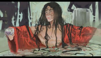 1boy 2others abs absurdres bath black_hair blank_stare blush chalice commentary cup grey_eyes head_tilt highres holding holding_cup ignoramoose long_hair looking_to_the_side male_focus multiple_others noctis_(shadow_slave) outstretched_arms partially_submerged pectorals red_robe robe shadow_slave solo_focus steam towel water wet wet_hair