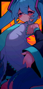 1girl aqua_necktie banananosongen bare_shoulders blue_hair blush commentary detached_sleeves grey_shirt hatsune_miku highres long_hair long_sleeves necktie shirt sleeveless sleeveless_shirt solo twintails very_long_hair vocaloid