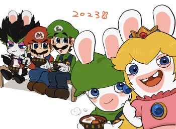 2023 2girls 3boys animal_ears black_hair blonde_hair blue_eyes blue_overalls brooch buck_teeth crossover crown eating edge_(mario_+_rabbids) facial_hair hat highres jewelry luigi mario mario_(series) mario_+_rabbids_sparks_of_hope mimimi_(mimimim9999) multiple_boys multiple_girls mustache nintendo overalls rabbid rabbid_luigi rabbid_peach rabbit_ears raving_rabbids teeth