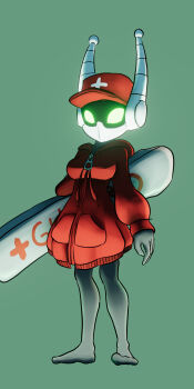 1girl absurdres antennae arthropod_girl barefoot baseball_cap black_skin bodyboard borrowed_character breasts bug collarbone colored_skin cross cross_print glowing glowing_eyes green_background green_eyes hat highres hollow_knight hollow_knight:_silksong hood hoodie hornet_(hollow_knight) lifeguard long_sleeves looking_at_viewer mechanization medium_breasts non-humanoid_robot original oversized_clothes oversized_hoodie print_headwear red_cross red_hat red_hoodie robot robot_animal sara_(critatonic) soandnb standing