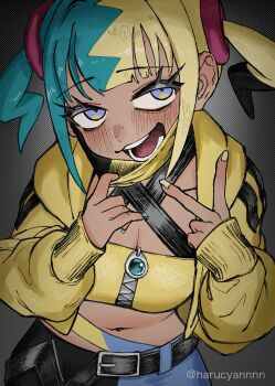 1girl aqua_hair aqua_nails bandeau belt black_mask black_pants blonde_hair blue_eyes blue_pants blush breasts canari_(pokemon) cleavage commentary criss-cross_halter cropped_jacket dark-skinned_female dark_skin eyelashes grey_background hair_ornament halftone halftone_background halterneck haruchan head_tilt highres hood hood_down jacket long_sleeves mask mask_pull midriff mouth_mask multicolored_hair multicolored_nails navel nintendo open_mouth pants pokemon pokemon_legends:_z-a short_twintails smirk solo split-color_hair twintails twitter_username two-tone_hair two-tone_mask two-tone_pants upper_body v yellow_bandeau yellow_jacket yellow_mask yellow_nails zipper