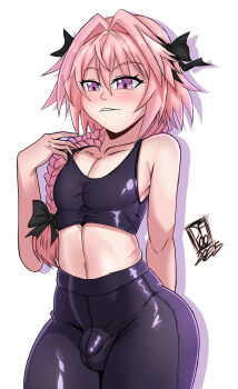 absurdres astolfo_(fate) braid bulge bulging_penis commentary cropped_shirt darkfang100 english_commentary fate/apocrypha fate_(series) hair_ornament highres leggings looking_at_viewer male_focus pink_hair purple_eyes self-upload simple_background trap workout_clothes