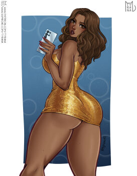 1girl absurdres artist_name ass breasts brown_eyes brown_hair cellphone dark-skinned_female dark_skin dress earrings english_text gold_dress grand_theft_auto grand_theft_auto_vi gumroad_username highres holding holding_phone hoop_earrings jewelry large_breasts lucia_caminos patreon_username phone selfie sleeveless sleeveless_dress smartphone solo tyrana91 watermark web_address
