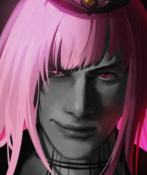 1girl absurdres black_background closed_mouth commentary cosplay crossdressing crown devil_may_cry_(series) devil_may_cry_5 diagonal_bangs english_commentary glowing glowing_eye head_tilt highres hololive hololive_english kisaragi_tsurugi long_hair looking_at_viewer mori_calliope nose partially_colored photo-referenced pink_eyes pink_hair portrait realistic smirk solo v-shaped_eyebrows v_(devil_may_cry) v_(devil_may_cry)_(cosplay) virtual_youtuber