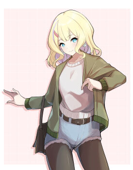 1girl absurdres bag belt blonde_hair blue_eyes breasts clenched_hand cygames denim denim_shorts earrings green_jacket hair_ornament hairclip hand_grab hand_up highres jacket jewelry looking_at_viewer medium_breasts pantyhose pearl_earrings shadowverse shadowverse_(anime) shadowverse_flame shorts shoulder_bag simple_background smile sweater takanashi_tsubasa_(shadowverse_flame) yuuge_ningen
