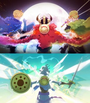 3boys alternate_form back blonde_hair blue_gloves cape commentary dpspcat english_commentary fake_horns fur_cape gear_fifth gloves green_hair hagoromo hat helmet holding holding_shield holding_sword holding_weapon horned_helmet horns male_focus monkey_d._luffy multiple_boys one_piece outstretched_arms purple_sash roronoa_zoro sanji_(one_piece) sash shawl shield short_hair shorts smile straw_hat sword weapon white_hair white_shorts