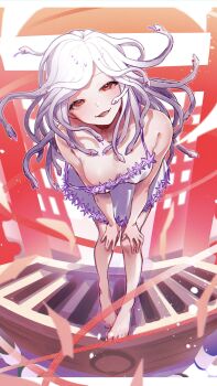 1girl absurdres albino areola_slip barefoot bent_over box breasts collarbone commentary_request donation_box dress full_body god_nadeko hands_on_own_knees highres leaning_forward living_hair long_hair looking_at_viewer monogatari_(series) no_bra on_box open_mouth red_eyes red_ribbon ribbon sengoku_nadeko shouji sleeveless sleeveless_dress sliding_doors small_breasts snake snake_hair solo spaghetti_strap standing standing_on_box strap_slip uda_yuda_ru white_dress white_snake