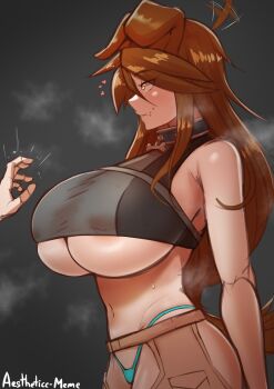 1boy 1girl absurdres aestheticc-meme animal_ears ass_cutout borrowed_character breasts brown_hair bursting_breasts chaps clothing_cutout covered_erect_nipples crotch_cutout disembodied_hand dog_ears ego_trigger graph_(graphiteknight) highres huge_breasts imminent_breast_grab lass_(ego_trigger) long_hair smile thong underboob