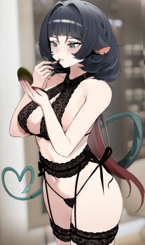 1girl absurdres animal_ear_piercing animal_ears applying_lipstick applying_makeup arched_bangs black_bra black_hair black_panties bra breasts compact_(cosmetics) cosmetics cowboy_shot frilled_thigh_strap garter_belt gradient_hair green_eyes green_tail hair_intakes heart heart_tail highleg highleg_panties highres holding holding_compact holding_lipstick_tube indoors jane_doe_(zenless_zone_zero) large_breasts lingerie lipstick_tube long_hair makeup micro_panties mouse_ears mouse_girl mouse_tail multicolored_hair navel panties parted_lips pink_nails red_hair sharp_tail side-tie_panties solo string_panties tail thigh_strap underwear underwear_only very_long_hair wolf_cut zenless_zone_zero zeragoes