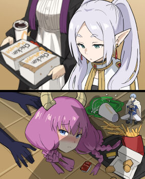 3girls apu_spills_his_tendies_(meme) aura_(sousou_no_frieren) aura_bullying_(meme) balancing_sasuke black_coat blue_eyes blurry blurry_background blush braid capelet chicken_nuggets coat contemporary cup demon_girl demon_horns disposable_cup dress elf expressionless fern_(sousou_no_frieren) figure food french_fries frieren frown furrowed_brow gold_trim grey_hair hair_over_shoulder highres himmel_(sousou_no_frieren) holding holding_tray horns indoors long_hair looking_at_another looking_at_viewer looking_down mcdonald's meme multiple_braids multiple_girls on_floor open_clothes open_coat parted_bangs pointy_ears purple_hair sousou_no_frieren spill tearing_up tenten_(chan4545) tile_floor tiles tray twintails white_capelet white_dress