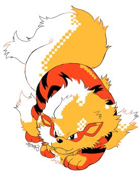 Rule 34 | arcanine, black eyes, closed mouth, commentary request, fangs, full body, gen 1 pokemon, highres, looking at viewer, mane, nintendo, no humans, pokemon, pokemon (creature), pokemon focus, sanno (snn 3), simple background, striped fur, twitter username, white background