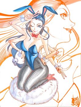 1girl acecore2k animal_ear_hairband animal_ears black_hair black_pantyhose blue_eyes blue_hairband blue_leotard bow bowtie breasts cleavage commentary double_v earrings english_commentary extra_arms fake_animal_ears fake_tail floating_hair gold_earrings hair_ornament hair_slicked_back hairband hands_on_own_hips highleg highleg_leotard highres hoop_earrings jewelry large_breasts leotard long_hair looking_at_viewer low-tied_long_hair marker_(medium) nico_robin one_eye_closed one_piece pantyhose pen_(medium) playboy_bunny profile rabbit_ears rabbit_tail red_bow red_bowtie red_nails red_shoes seiza shoes sitting skull_hair_ornament smile strapless strapless_leotard tail traditional_media v wrist_cuffs